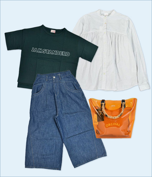 ファヌル(FANEUIL)ノーカラーストライプシャツを使った夏の羽織り置き画レディースコーディネート