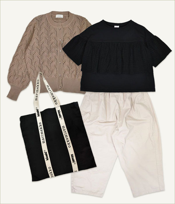 ソソット(sosotto)コットンレース編みバルーン袖カーデを使った夏の羽織り置き画レディースコーディネート