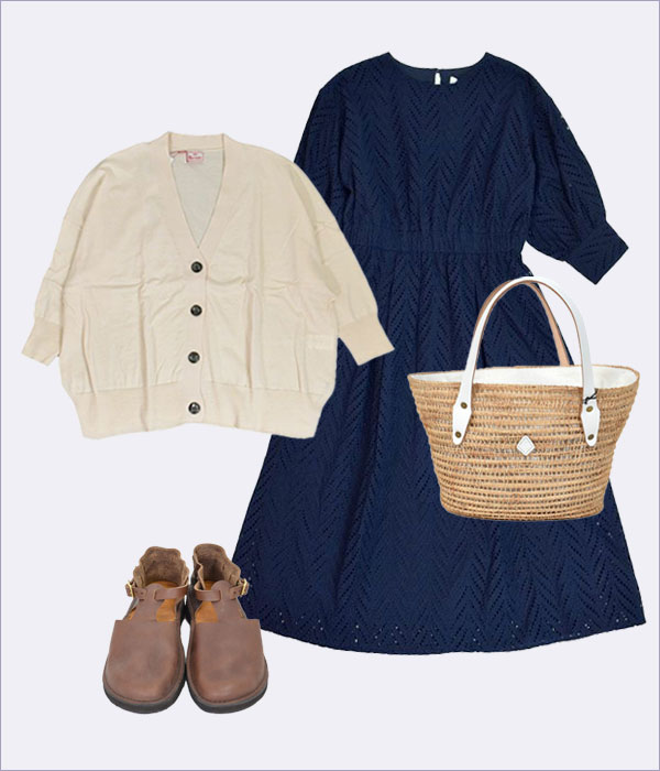 マオメイド(MAOMADE)ピマコットン Ｖネック ワイドカーディガンを使った夏の羽織り置き画レディースコーディネート