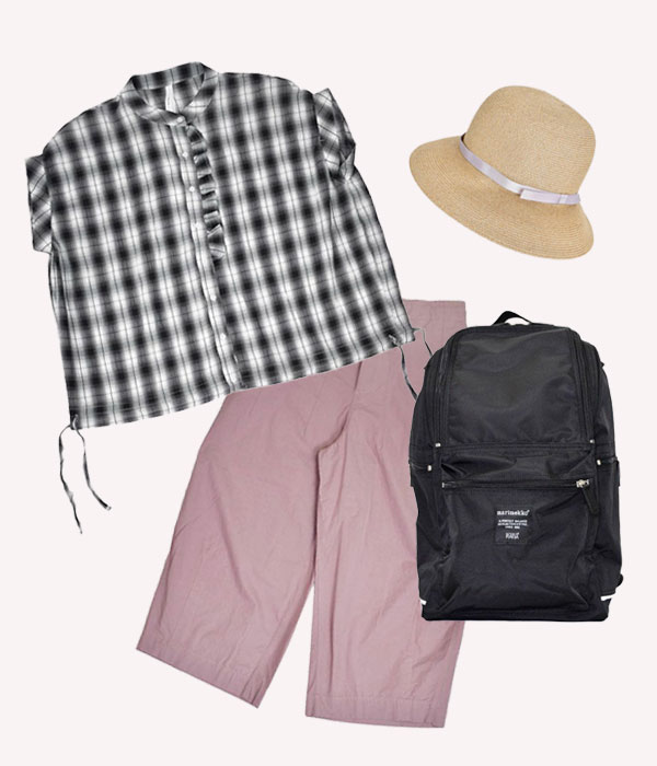 ブリスバンチ(Bliss bunch)ダーツワイドパンツを使った春夏置き画レディースコーディネート