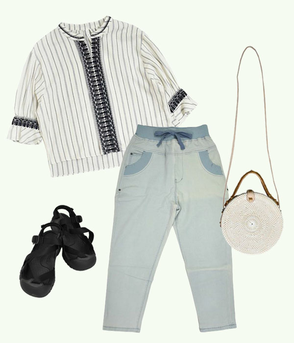 ギャランスエトヴィオレット(Garance et VioLette)ストレッチサルエルパンツを使った春夏置き画レディースコーディネート