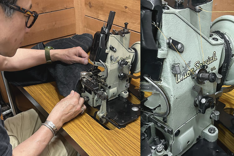 トップジミー店長がデニムのリペアをしている様子と使用するミシン