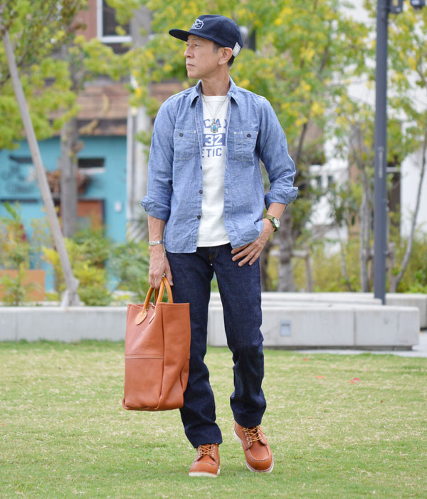 フリーホイーラーズ (FREEWHEELERS) NEAL ニールシャツ 長袖ワークシャツ シャンブレーシャツ 2013002 を使ったレディースコーディネート