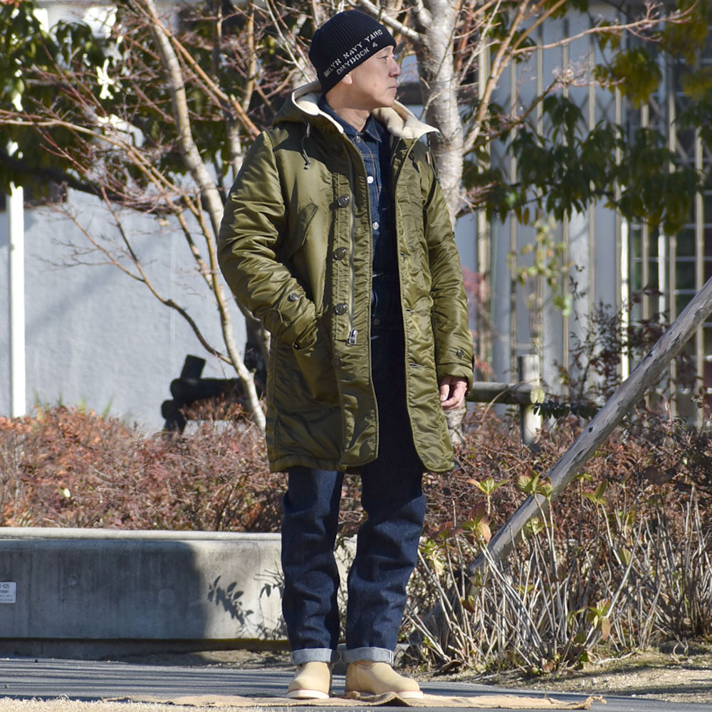 コリンボ (COLIMBO) AGERGELD SWEAT RAGLAN SWEAT -O.D.F. 1977- ラガーフェルドラグランスウェット ZA-0404 を使った デニムセットアップ&最強アウターメンズ冬コーディネート