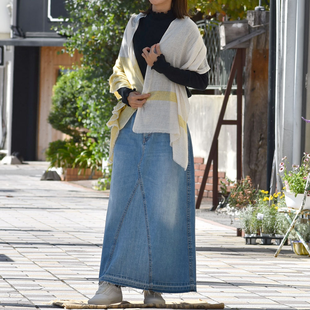 カフェッティ (Cafetty) リメイクスカート デニムスカート ロングスカート CF-4059 を使った 秋の王道シンプルレディースコーデ