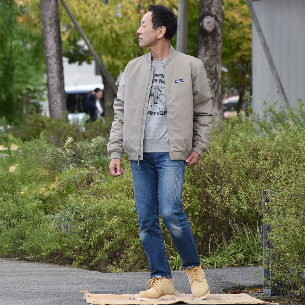 コリンボ (COLIMBO) JACKSONVILLE ATHLE SHIRT =HELICOPTER COMPANY= 長袖プリントスウェットシャツ ZA-0401 を使った 秋のパタゴニア×レッドウィングメンズコーデ