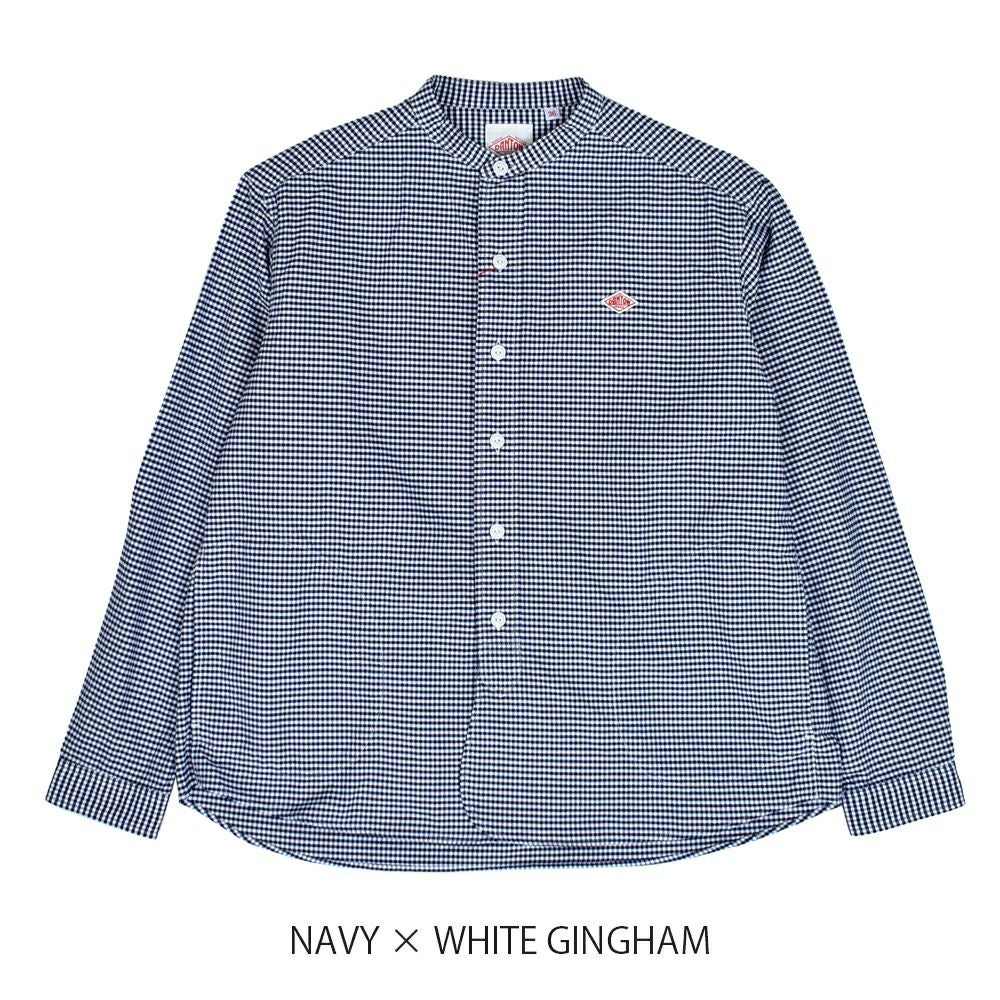 ダントン (DANTON) WOMEN'S OXFORD BAND COLLAR SHIRT L/S ノーカラーギンガムチェック長袖シャツ バンドカラー DT-B0279OXP NAVY × WHITE GINGHAM