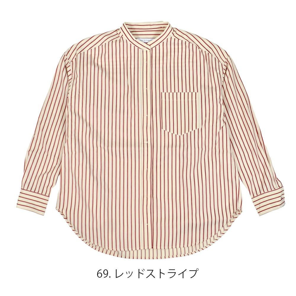 ポンデシャロン (PONT DE CHALONS) 刺繍釦バントカラーポケットSH 長袖ストライプノーカラーシャツ オーバーサイズ 22451311 69.レッドストライプ