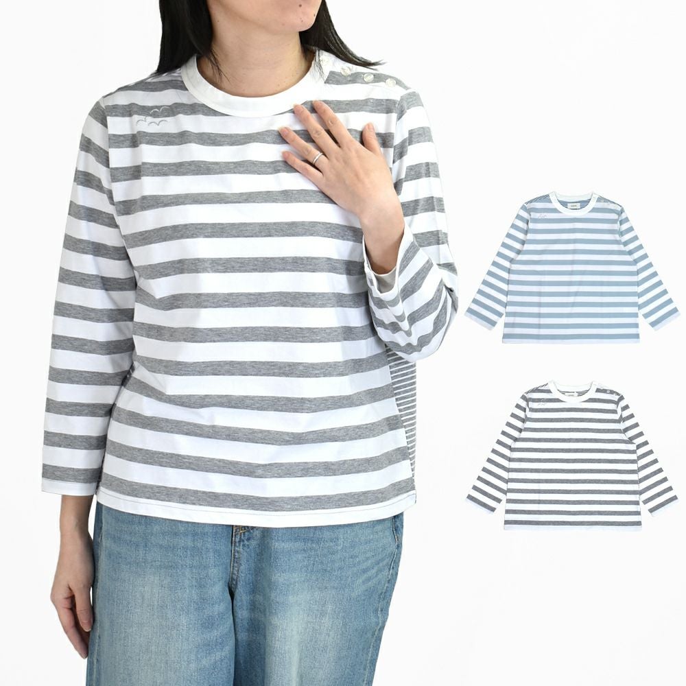 ソソット(sosotto)ボーダー切替クルー肩釦9分袖 ボーダー長袖Tシャツ ロンT マリンテイスト 42511312