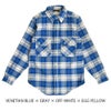 フリーホイーラーズ (FREEWHEELERS) -NOMAD- WORK SHIRT 1950s STYLE WORK CLOTHING 長袖チェックネルシャツ 2433001 VENETIAN BLUE × GRAY × OFF-WHITE × EGG YELLOW