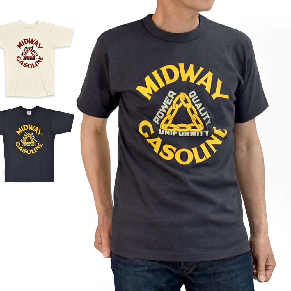 フリーホイーラーズ(FREEWHEELERS)-MIDWAY GASOLINE- STRAW CREAM / FADE NAVY 半袖プリントTシャツ 2525009