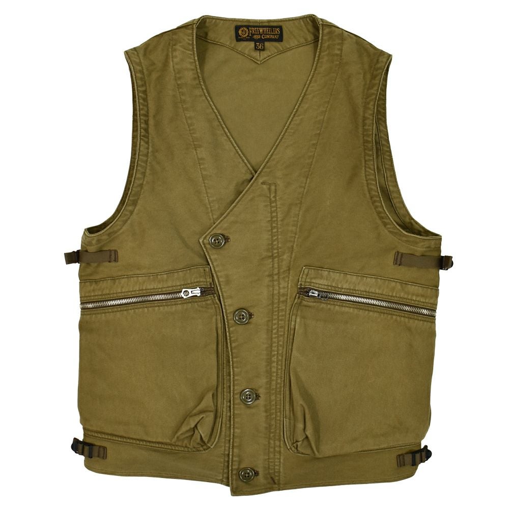 フリーホイーラーズ (FREEWHEELERS) -SPEED ENGINEER- SLEEVELESS COAT Vintage Style Sulfide Dyed Military Moleskin KHAKI コットンベスト エンジニアリングベスト 2521008 KHAKI