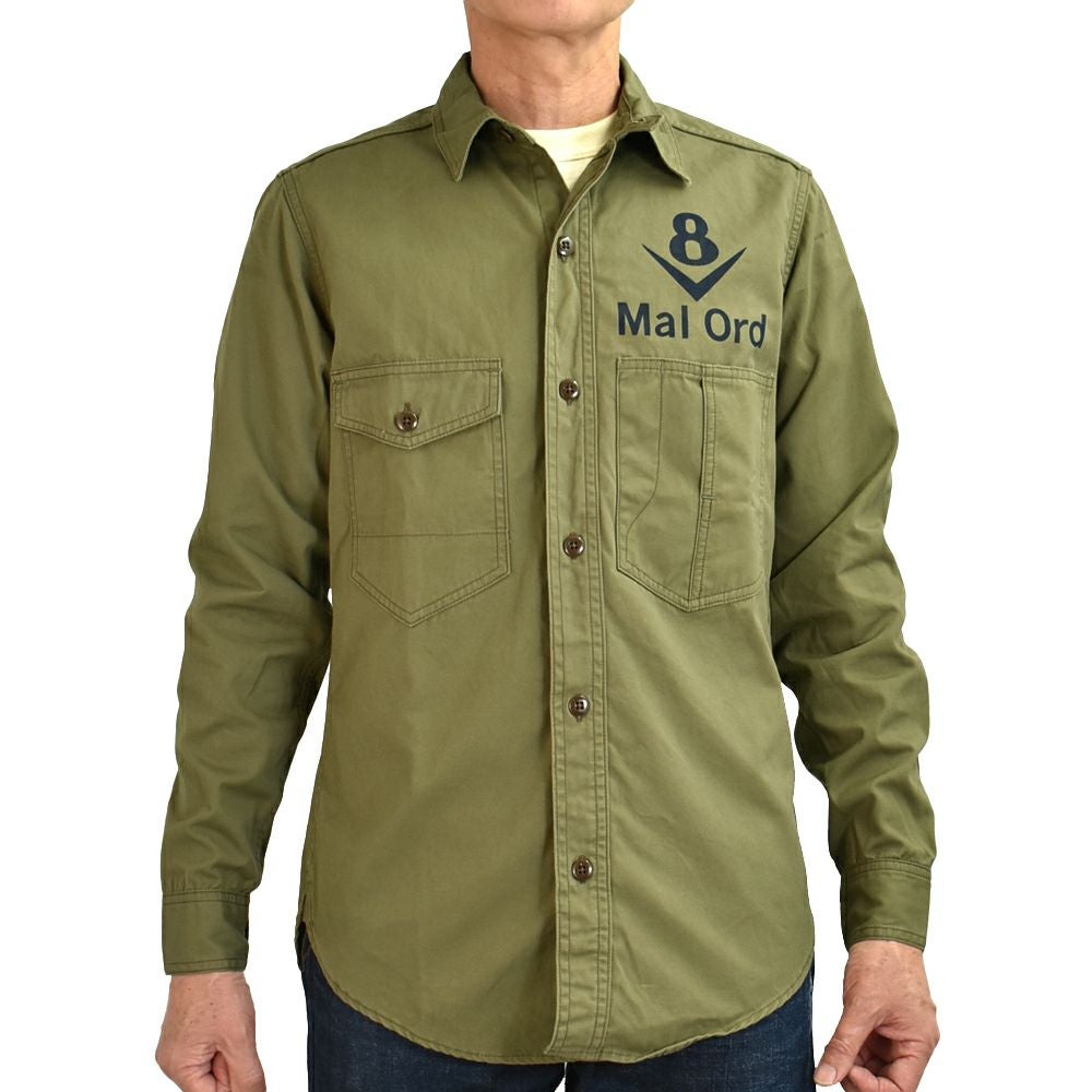 フリーホイーラーズ (FREEWHEELERS) -Mal Ord- Blystone MECHANIC SHIRT 1930s~ STYLE WORK CLOTHING Vintage Style Military Weather LIGHT KHAKI OLIVE メカニックシャツ 長袖プリントシャツ 2523004