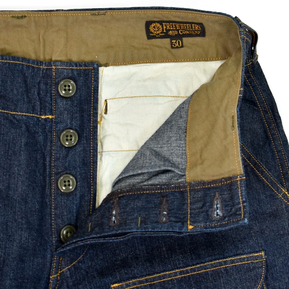 フリーホイーラーズ (FREEWHEELERS) -S-8 AVIATORS' TROUSERS- 1930~1940s MILITARY IMAGE FLIGHT ENGINEER TROUSERS Vintage Style 10.5oz Indigo Denim アビエイターズトラウザーズ アビエイターパンツ デニムミリタリーパンツ 2522006