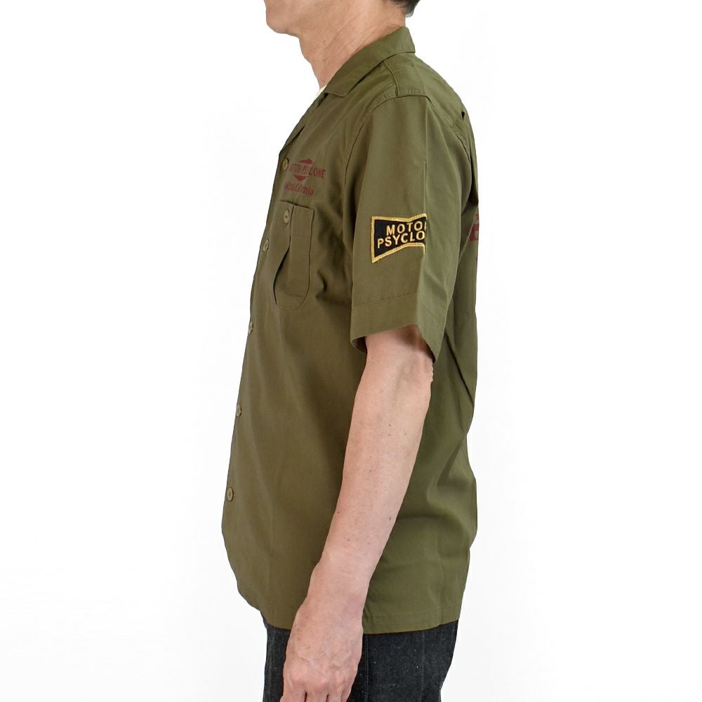 フリーホイーラーズ (FREEWHEELERS) -BUCKET HEAD- Brucie SHORT SLEEVE SHIRT 1960s~ STYLE WORK SHIRT Vintage Style Hard Twist Yarn Higt Density Gabardine DARK OLIVE メカニックシャツ 半袖プリントシャツ ワークシャツ 2523008