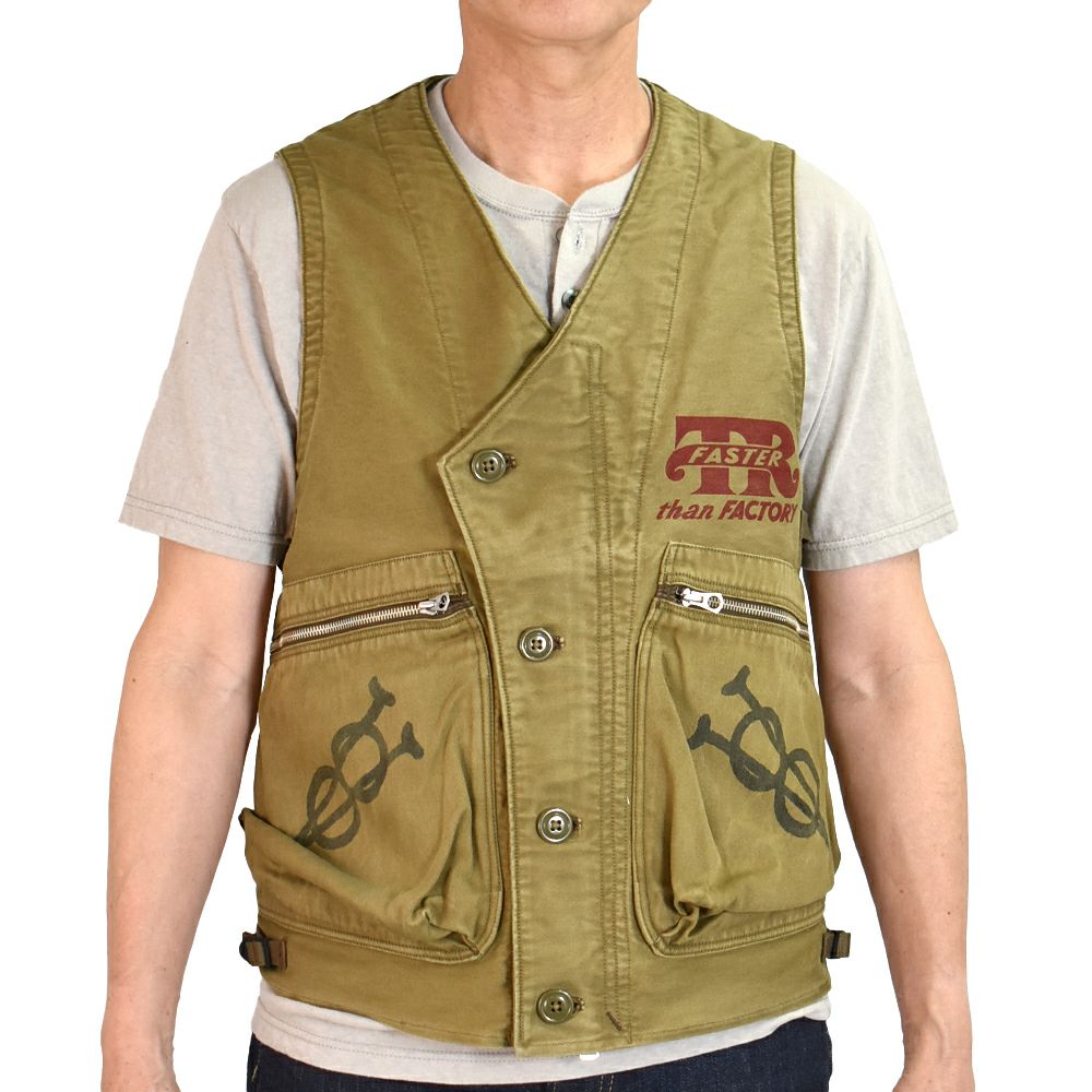 フリーホイーラーズ (FREEWHEELERS)FREEWHEELERS SPEED DIVISION -Throttle Racing- SUPPORT CREW SPEED ENGINEER SLEEVELESS COAT KHAKI コットンベスト アビエイターベスト 2521009
