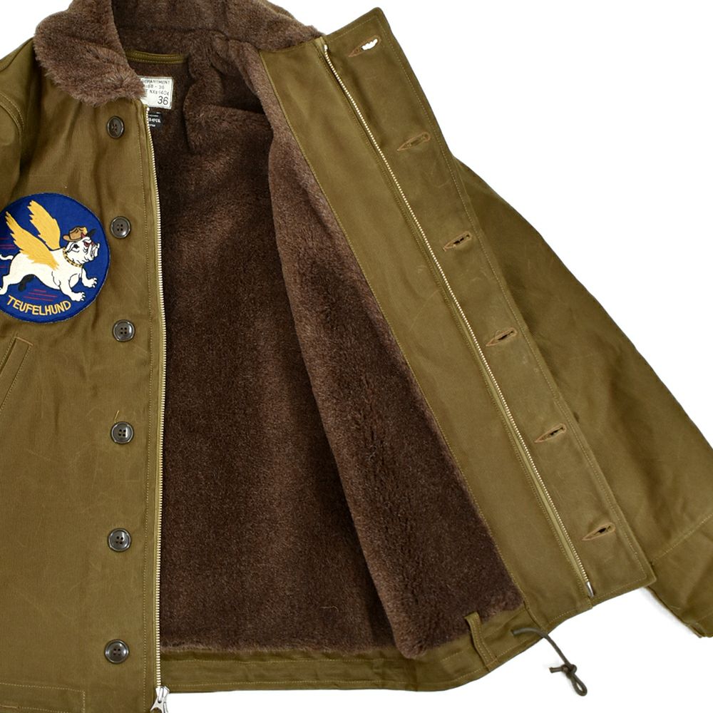 フリーホイーラーズ (FREEWHEELERS) 1944 U.S.M.C Marine Scout Bombing SQ932 -TEUFELHUND- TYPE N-1 1940s MILITARY CLOTHING NXS1404 Original Jungle Cloth Paraffin Coating DARK KHAKI BEIGE デッキジャケット アウター コート カスタム 2531002