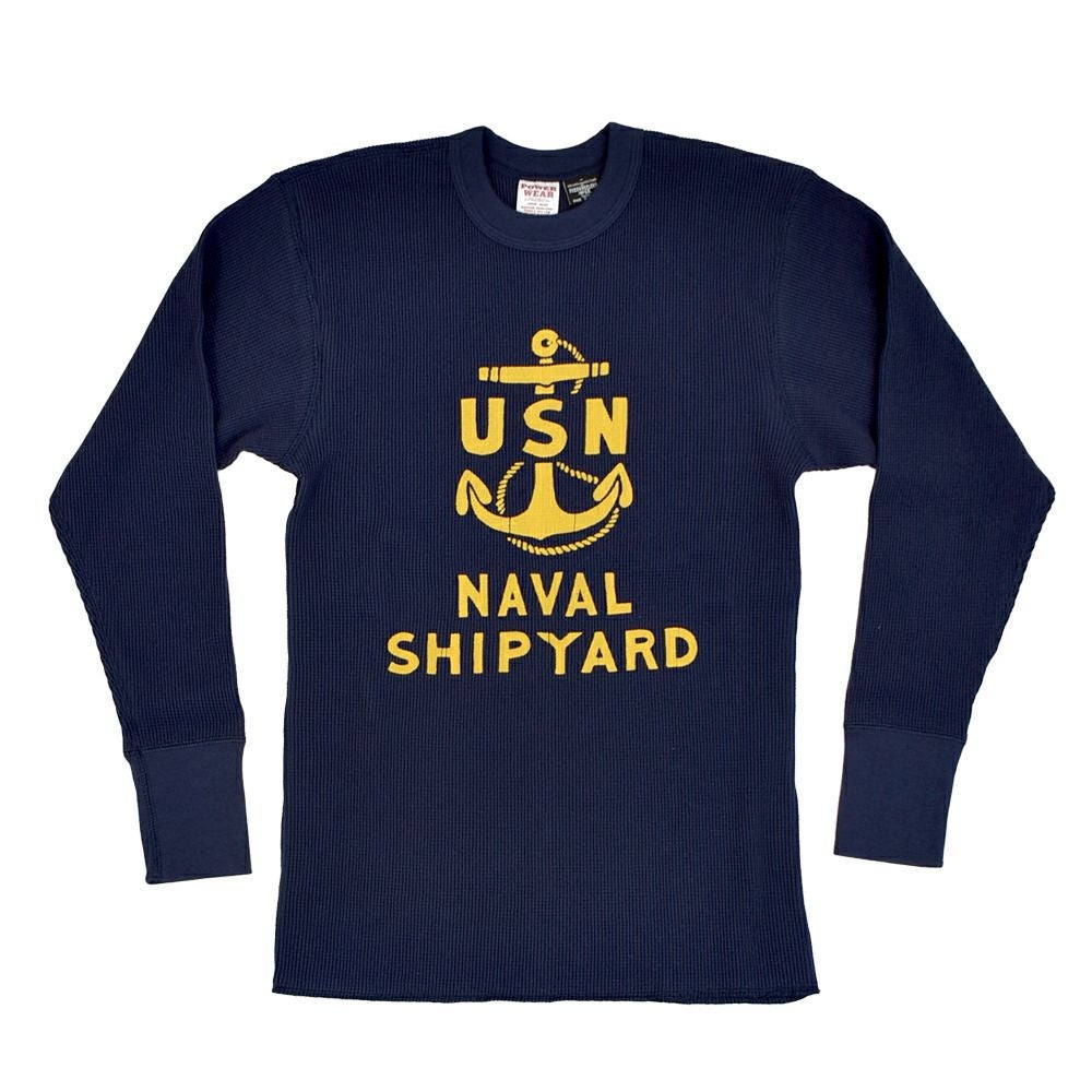 フリーホイーラーズ (FREEWHEELERS) -U.S.N. NAVAL SHIP YARD- CREW NECKED THERMAL LONG SLEEVE SHIRT 1940s STYLE UNDERWEAR 40s POWER WEAR PRINTED LABEL Vintage Style Medium Weight Waffle Knit DRY NAVY 長袖プリントサーマルTシャツ ロンT 2535007 DRY NAVY