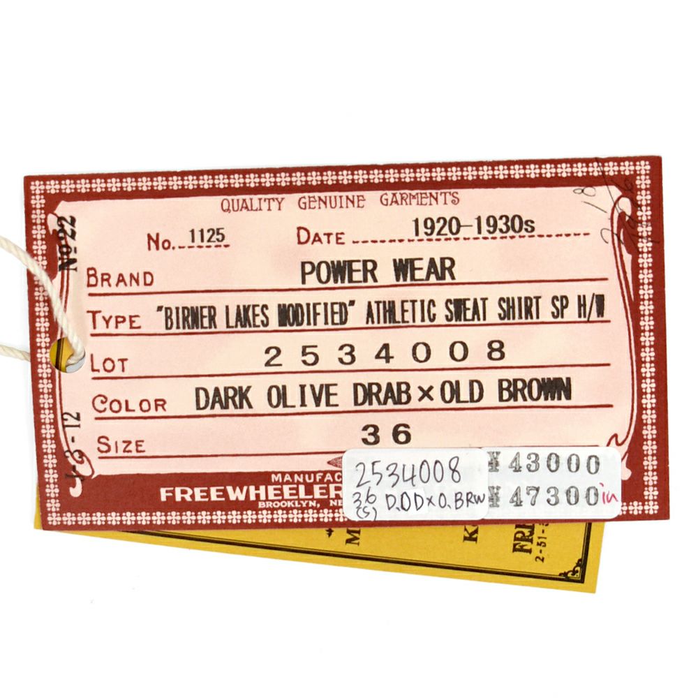 フリーホイーラーズ (FREEWHEELERS) -BIRNER LAKES MODIFIED- ATHLETIC SWEAT SHIRT LATE 1930s COMFORTABLE RIB KNIT TRIMMED SWEAT SHIRT Vintage Style Special Heavy Weight Fleece DARK OLIVE DRAB × OLD BROWN 長袖トレーナー スウェットシャツ 2534008