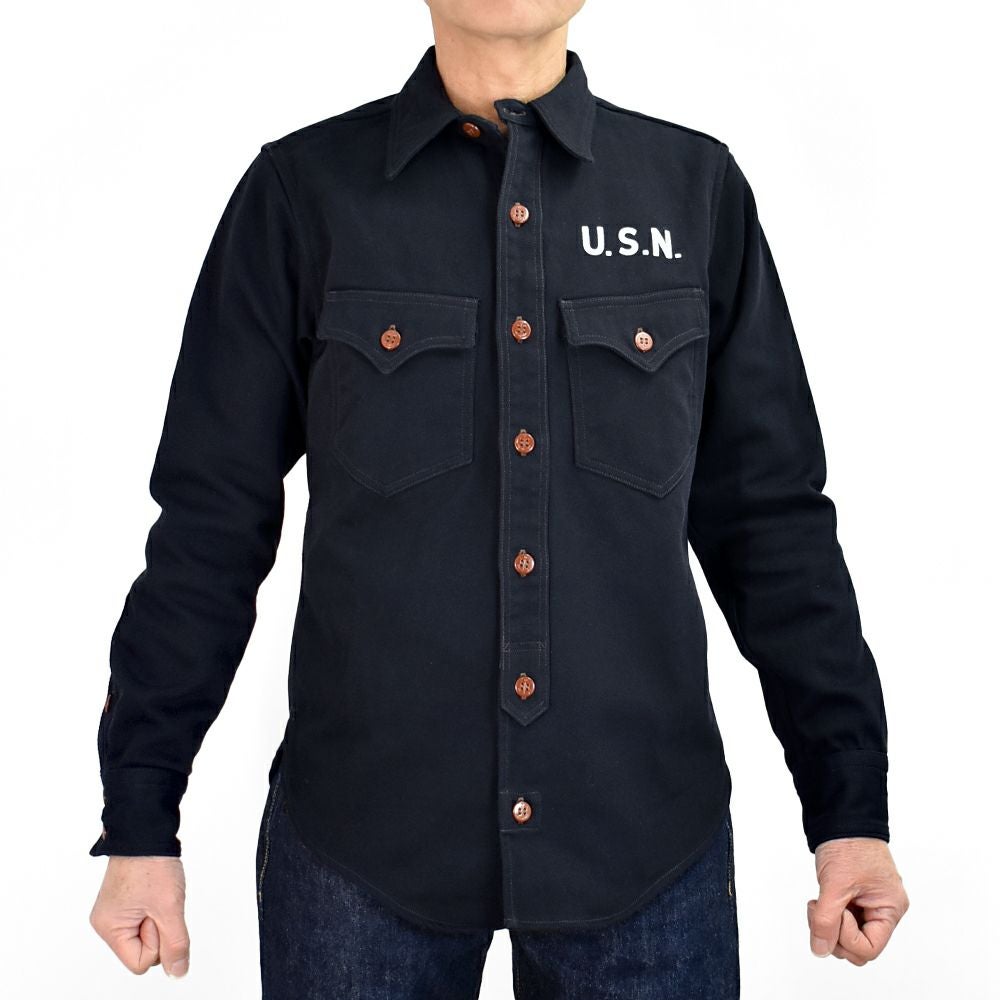 フリーホイーラーズ (FREEWHEELERS) -Jolly Rogers CV17- 1930s~1940s MILITARY CUSTOM SHIRT Original Cotton Hard Twist Kersey DARK NAVY 長袖ワークシャツ 2533004