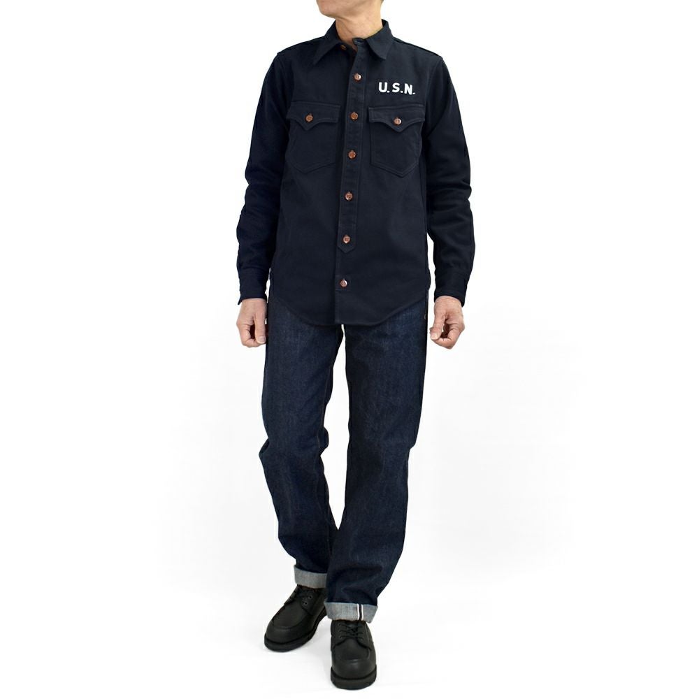 フリーホイーラーズ (FREEWHEELERS) -Jolly Rogers CV17- 1930s~1940s MILITARY CUSTOM SHIRT Original Cotton Hard Twist Kersey DARK NAVY 長袖ワークシャツ 2533004