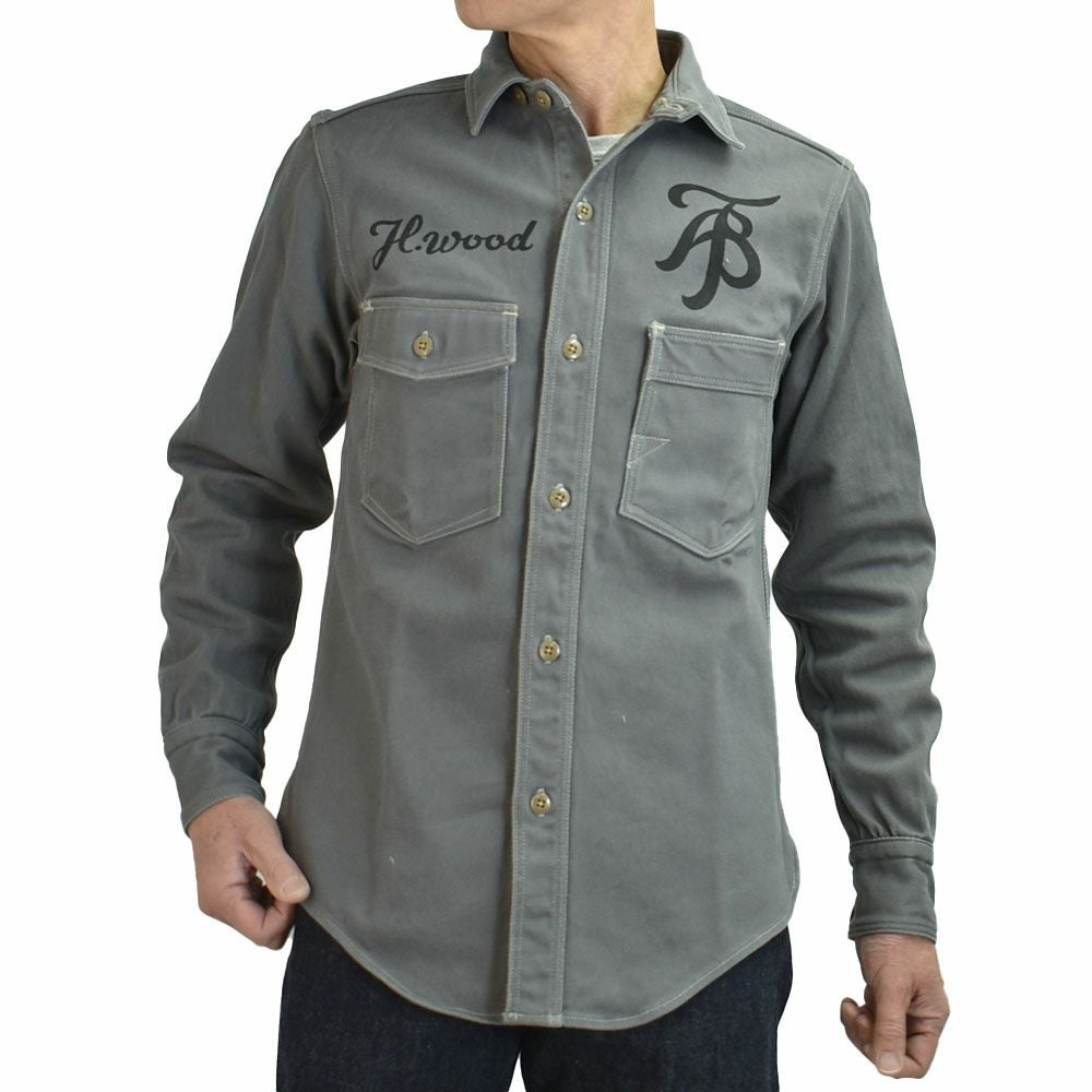 フリーホイーラーズ (FREEWHEELERS) -1947 Birner RILEY 4 PORT SPECIAL- Gemsa LATE 1940s MOTOR CULTURE CUSTOM SHIRT Original Cotton Hard Twist Kersey STEEL GRAY 長袖ワークシャツ メカニックシャツ カスタム 2533007