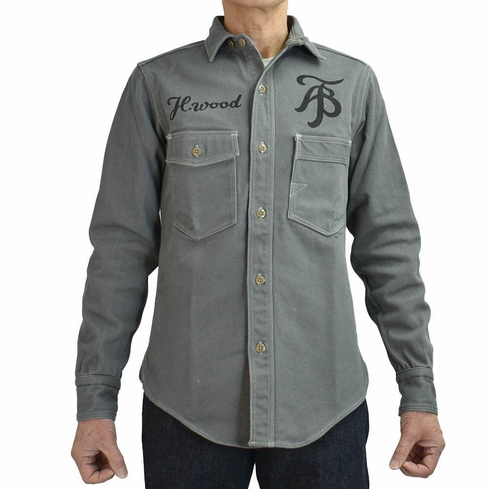 フリーホイーラーズ (FREEWHEELERS) -1947 Birner RILEY 4 PORT SPECIAL- Gemsa LATE 1940s MOTOR CULTURE CUSTOM SHIRT Original Cotton Hard Twist Kersey STEEL GRAY 長袖ワークシャツ メカニックシャツ カスタム 2533007