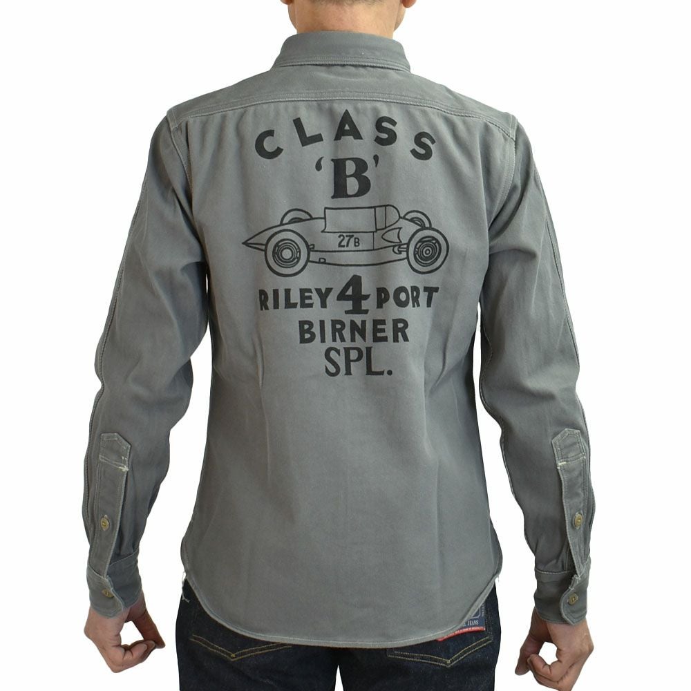 フリーホイーラーズ (FREEWHEELERS) -1947 Birner RILEY 4 PORT SPECIAL- Gemsa LATE 1940s MOTOR CULTURE CUSTOM SHIRT Original Cotton Hard Twist Kersey STEEL GRAY 長袖ワークシャツ メカニックシャツ カスタム 2533007