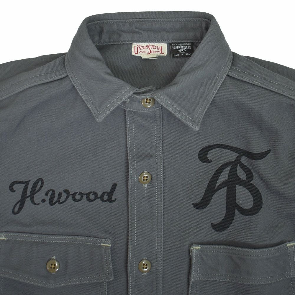 フリーホイーラーズ (FREEWHEELERS) -1947 Birner RILEY 4 PORT SPECIAL- Gemsa LATE 1940s MOTOR CULTURE CUSTOM SHIRT Original Cotton Hard Twist Kersey STEEL GRAY 長袖ワークシャツ メカニックシャツ カスタム 2533007