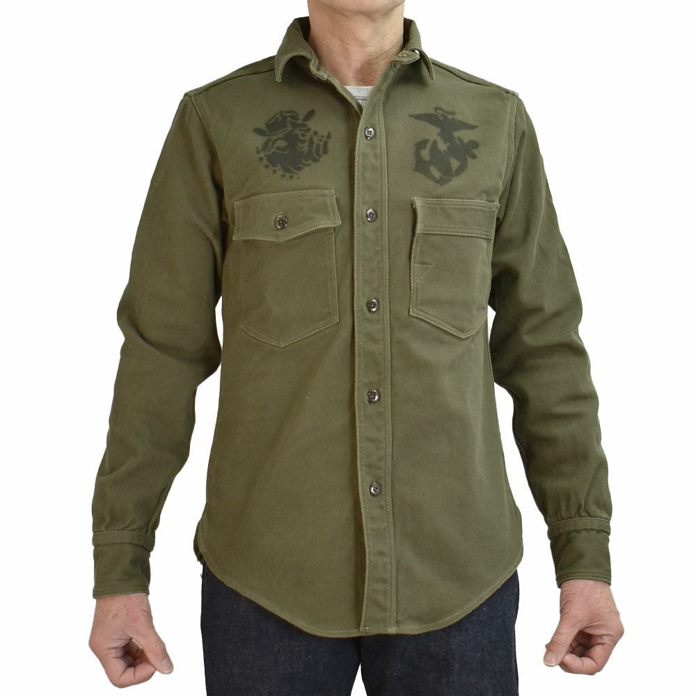 フリーホイーラーズ (FREEWHEELERS) 1944 U.S.M.C Marine Scout Bombing SQ932 -TEUFELHUND- Gemsa 1940s MILITARY CUSTOM SHIRT Original Cotton Hard Twist Kersey KHAKI OLIVE 長袖ワークシャツ メカニックシャツ カスタム 2533002