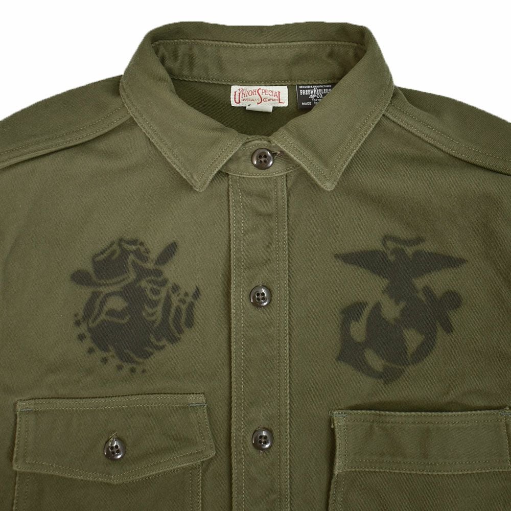 フリーホイーラーズ (FREEWHEELERS) 1944 U.S.M.C Marine Scout Bombing SQ932 -TEUFELHUND- Gemsa 1940s MILITARY CUSTOM SHIRT Original Cotton Hard Twist Kersey KHAKI OLIVE 長袖ワークシャツ メカニックシャツ カスタム 2533002