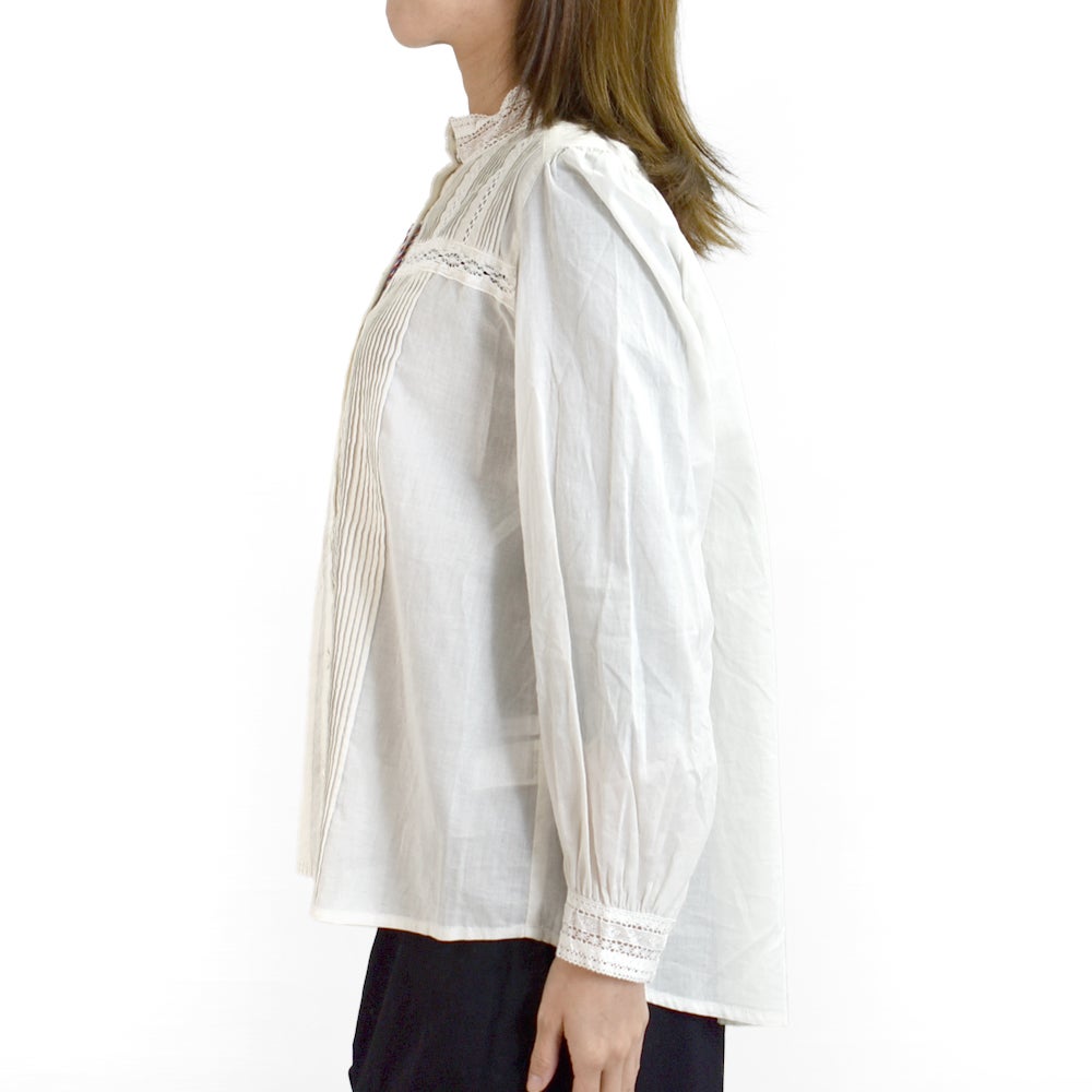 ポンデシャロン (PONT DE CHALONS) スタンドレースカラーピンタックブラウス 長袖シャツ 22610511