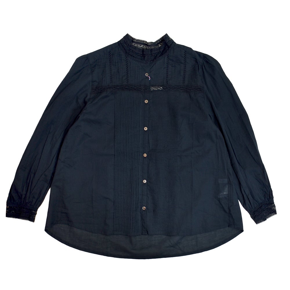 ポンデシャロン (PONT DE CHALONS) スタンドレースカラーピンタックブラウス 長袖シャツ 22610511 29.ネイビー