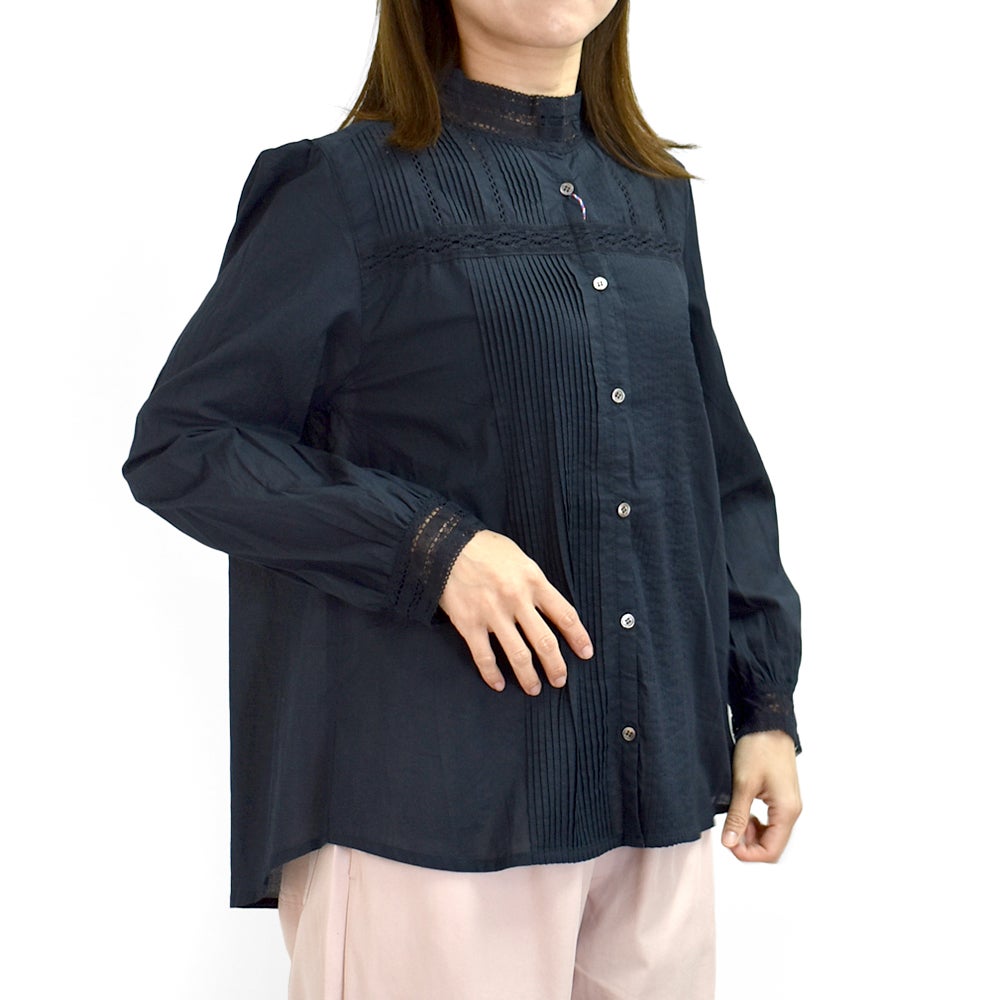 ポンデシャロン (PONT DE CHALONS) スタンドレースカラーピンタックブラウス 長袖シャツ 22610511