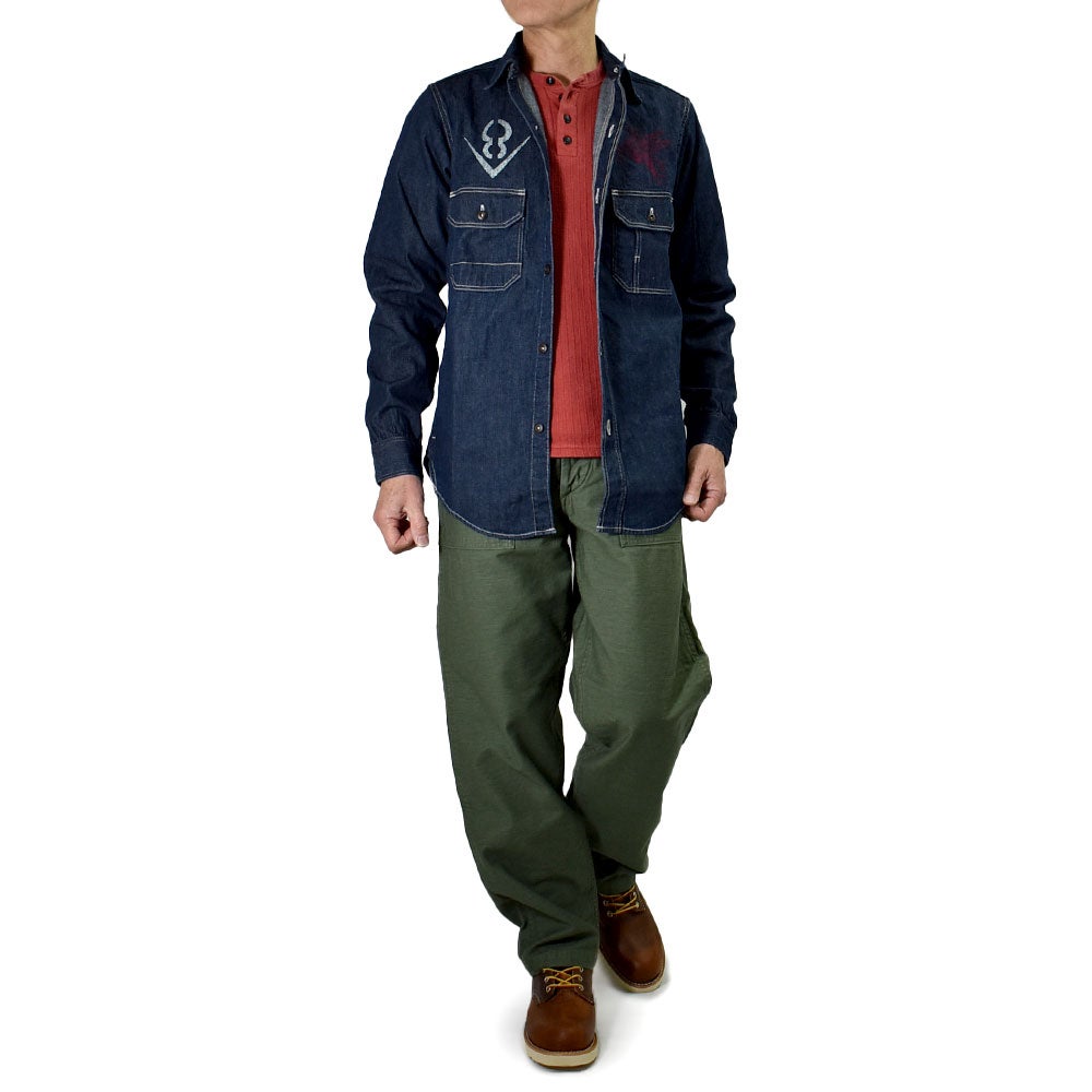 フリーホイーラーズ (FREEWHEELERS) HOTRODDER CUSTOM -V8 ROADSTER- -Birner- MECHANIC SHIRT Vintage Style 8.5oz Indigo Denim 長袖デニムシャツ カスタム 2623003