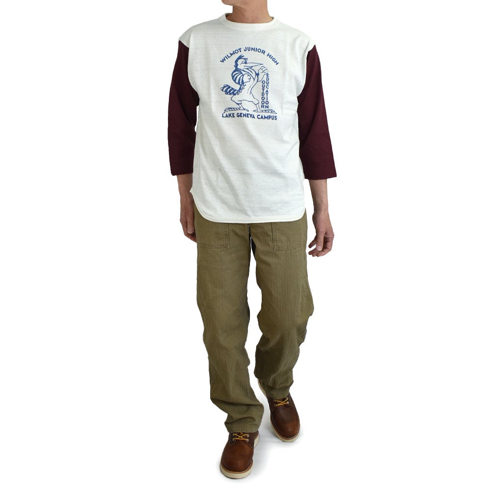 ウエアハウス (WAREHOUSE) Lot 4800 7分袖ベースボールT WILMOT JUNIOR HIGH ロンT プリントTシャツ クリーム/ボルドー