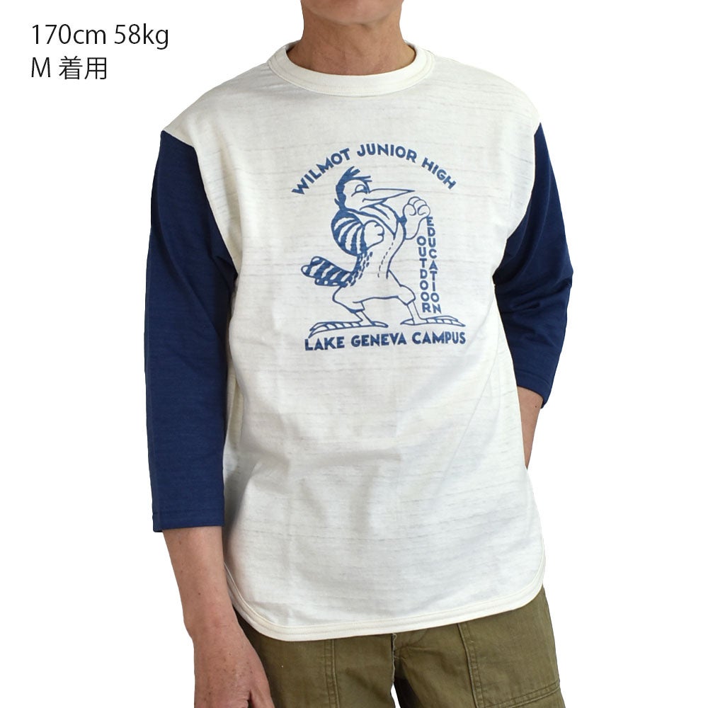ウエアハウス (WAREHOUSE) Lot 4800 7分袖ベースボールT WILMOT JUNIOR HIGH ロンT プリントTシャツ クリーム/ネイビー