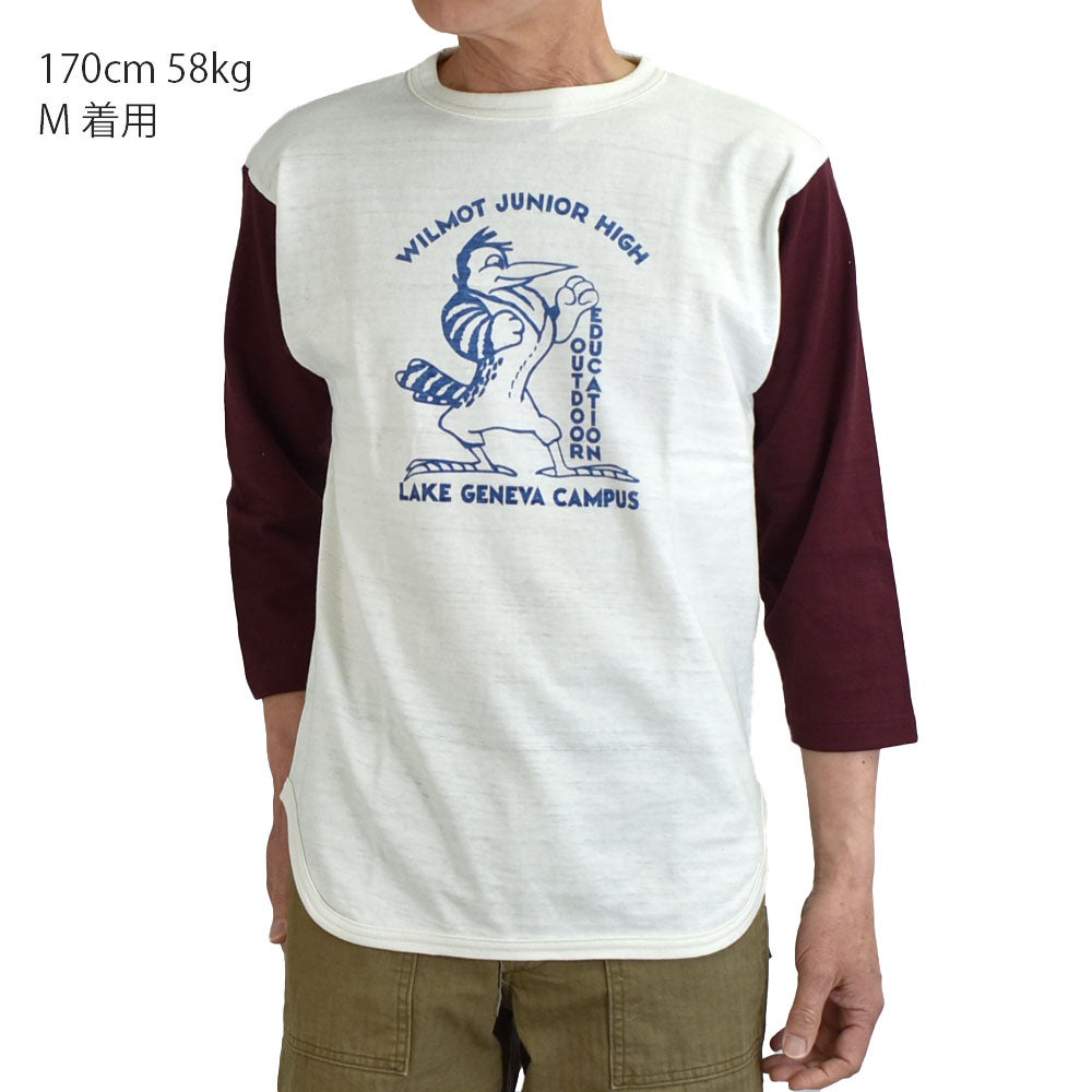 ウエアハウス (WAREHOUSE) Lot 4800 7分袖ベースボールT WILMOT JUNIOR HIGH ロンT プリントTシャツ クリーム/ボルドー