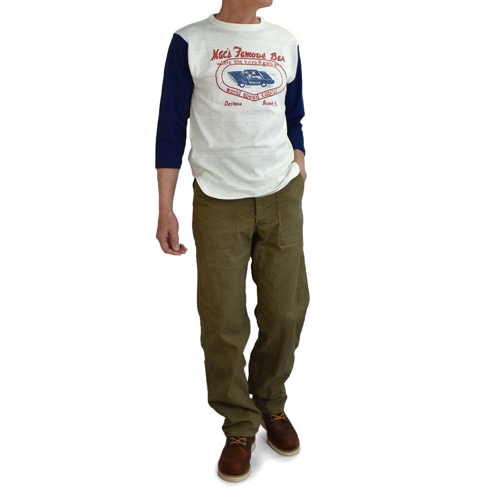 ウエアハウス (WAREHOUSE) Lot 4800 7分袖ベースボールT MAC'S FAMOUS BAR ロンT プリントTシャツ クリーム/ネイビー