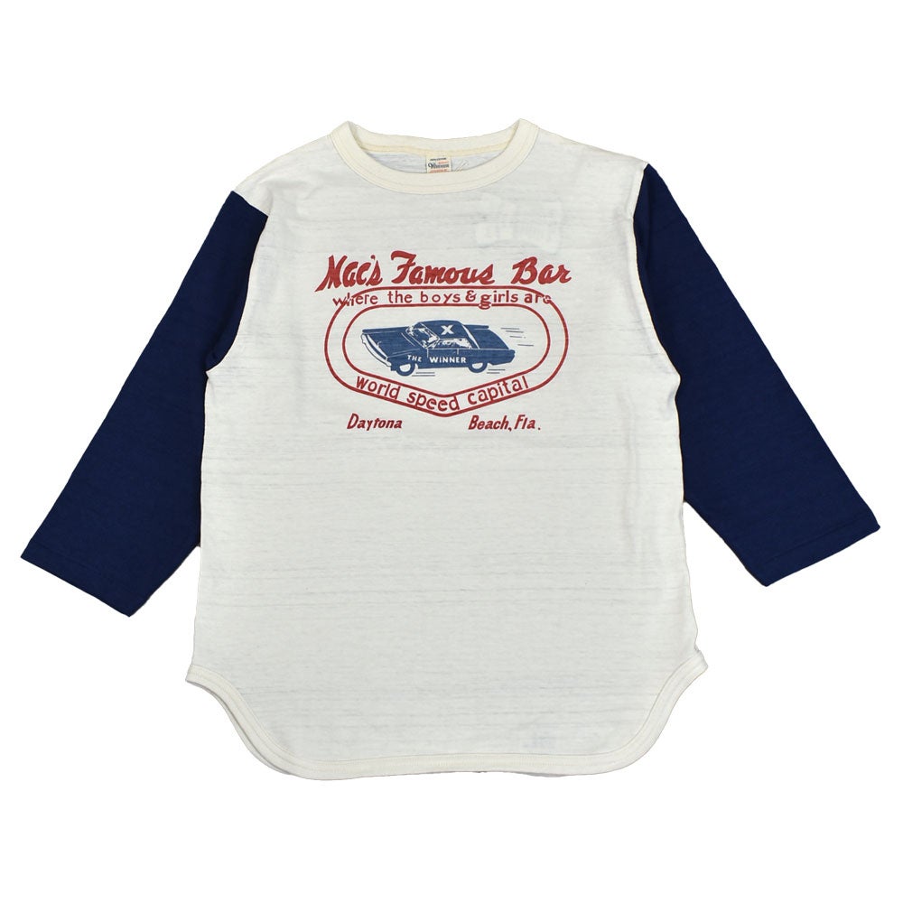 ウエアハウス (WAREHOUSE) Lot 4800 7分袖ベースボールT MAC'S FAMOUS BAR ロンT プリントTシャツ クリーム/ネイビー