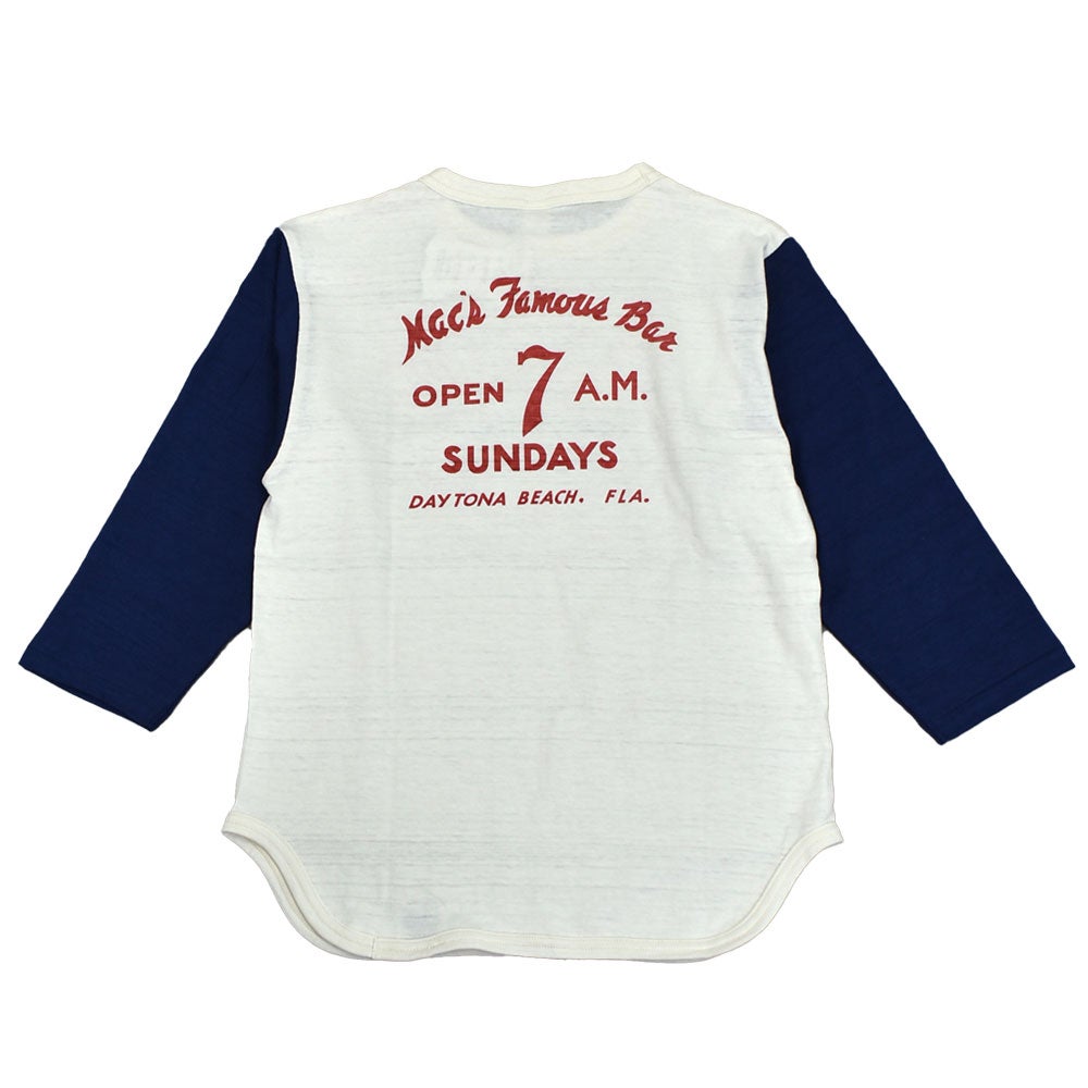ウエアハウス (WAREHOUSE) Lot 4800 7分袖ベースボールT MAC'S FAMOUS BAR ロンT プリントTシャツ クリーム/ネイビー
