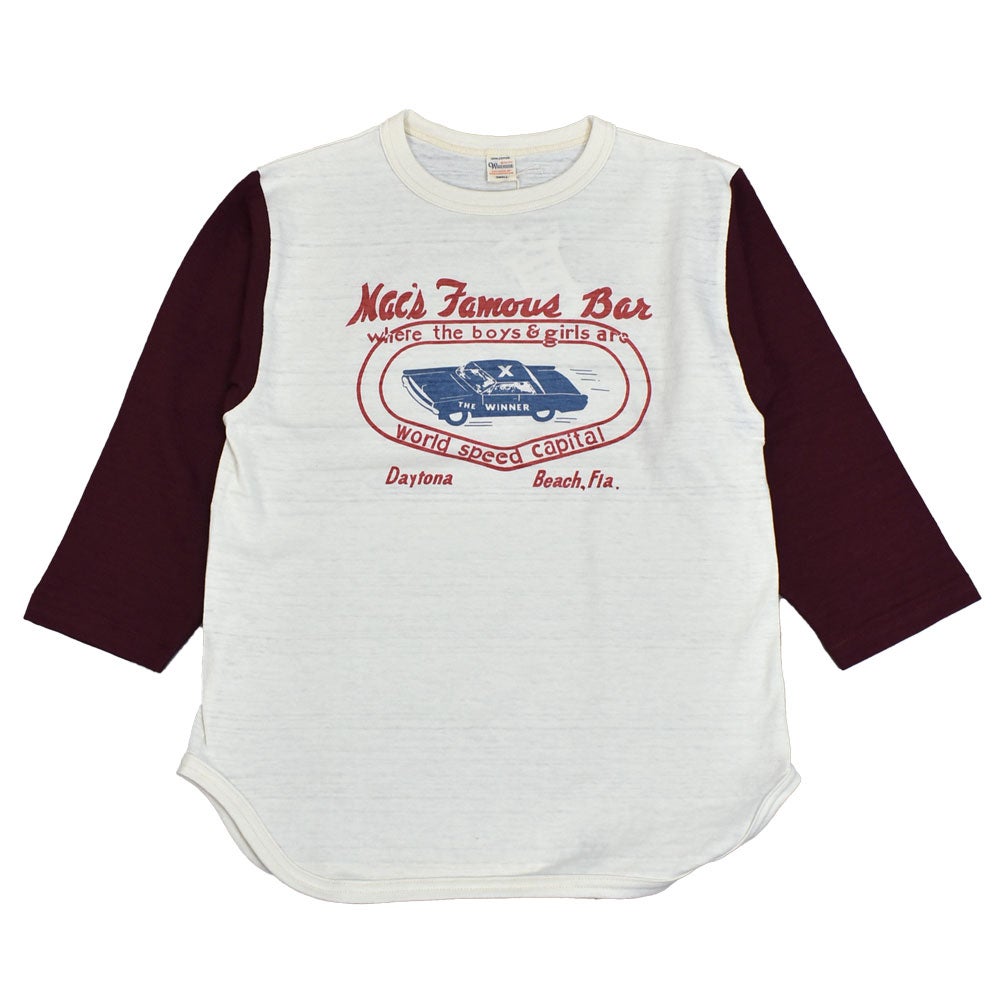 ウエアハウス (WAREHOUSE) Lot 4800 7分袖ベースボールT MAC'S FAMOUS BAR ロンT プリントTシャツ クリーム/ボルドー