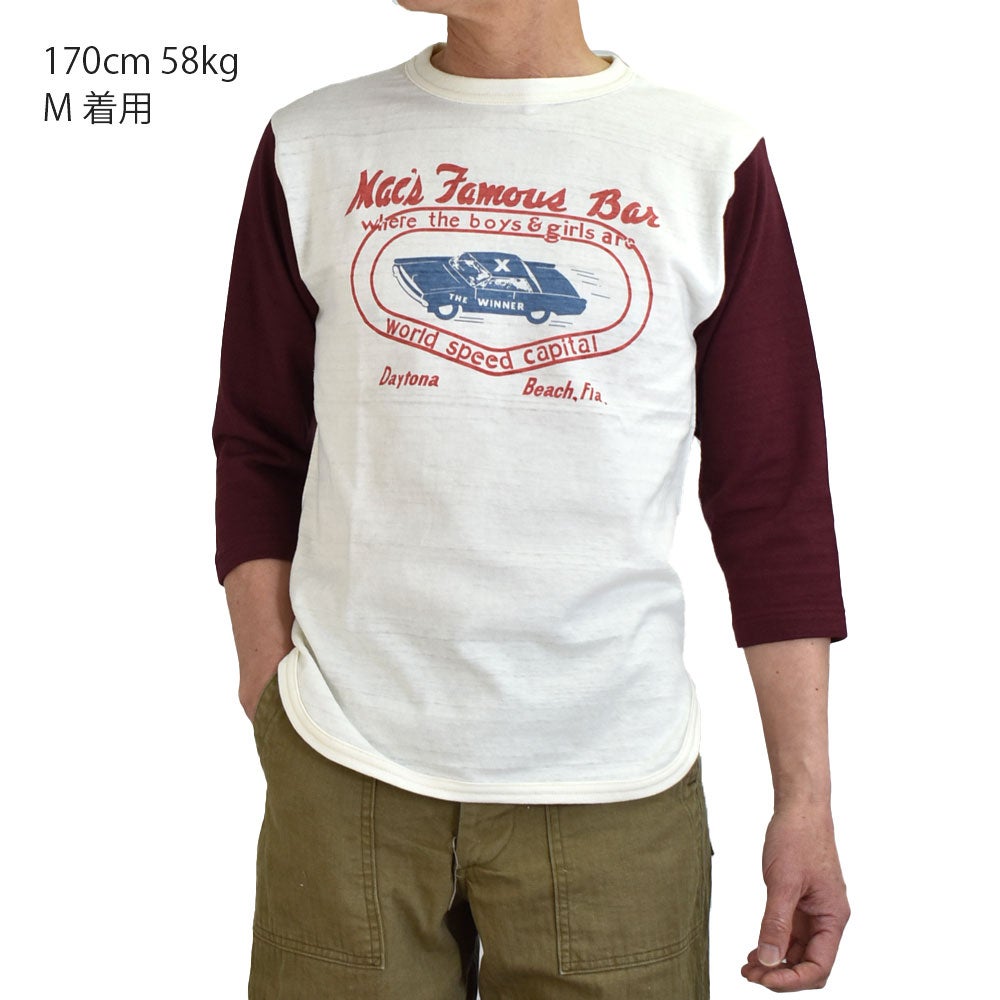 ウエアハウス (WAREHOUSE) Lot 4800 7分袖ベースボールT MAC'S FAMOUS BAR ロンT プリントTシャツ クリーム/ボルドー