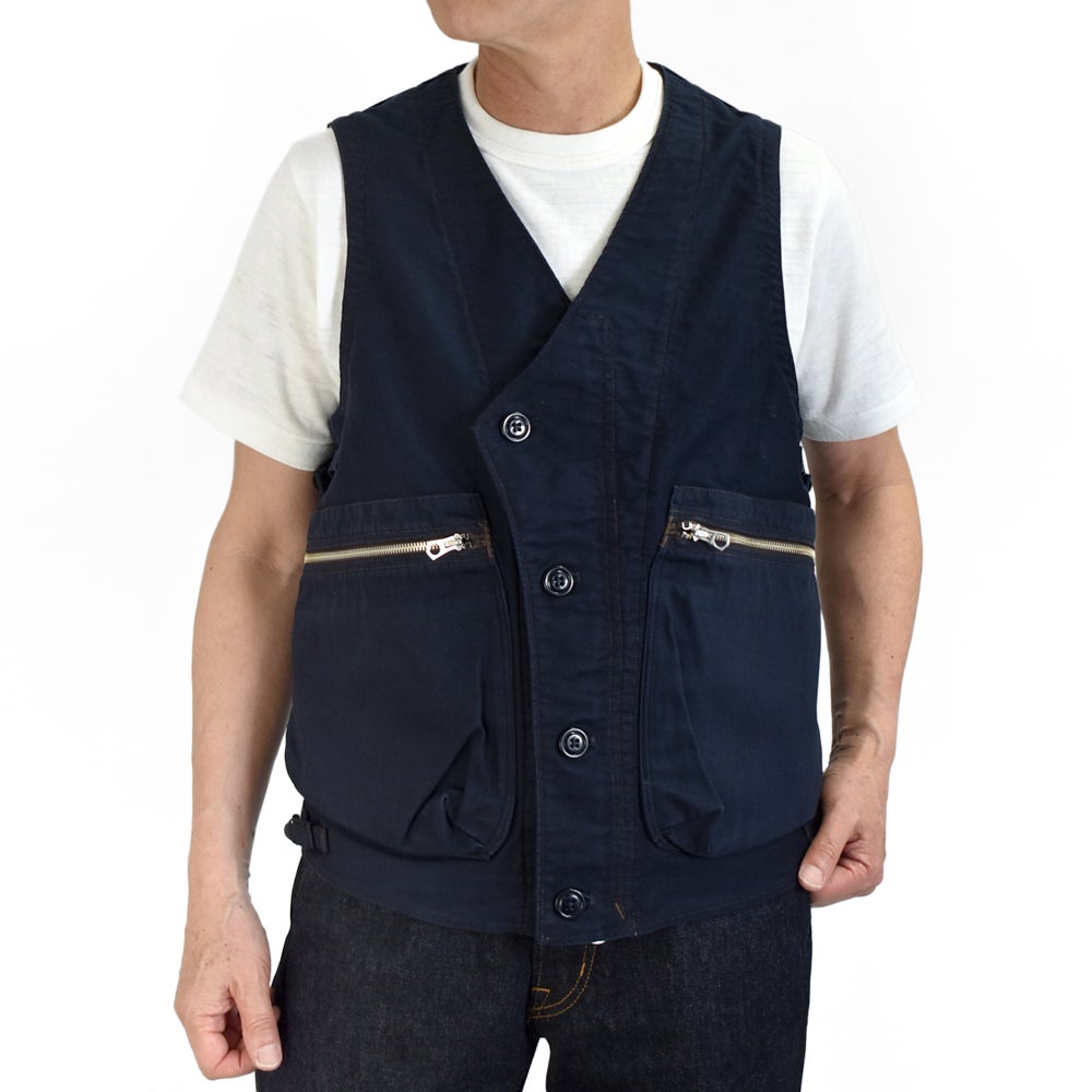 フリーホイーラーズ(FREEWHEELERS)-SPEED ENGINEER- SLEEVELESS COAT Vintage Style Military Moleskin NAVY コットンベスト ワークベスト 2621007