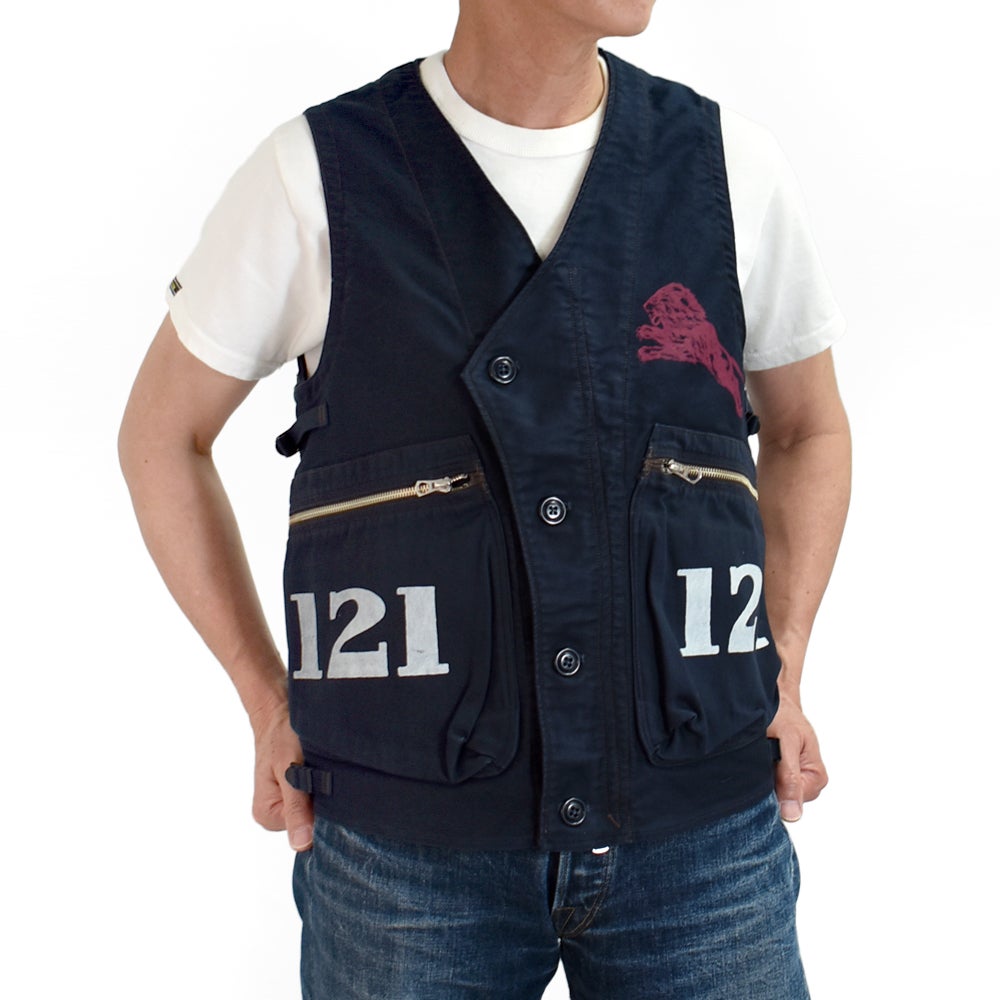 フリーホイーラーズ (FREEWHEELERS) GILMORE OIL COMPANY -1932 AIR RACER- SPEED ENGINEER SLEEVELESS COAT Vintage Style Military Moleskin NAVY コットンベスト ワークベスト ホットロッド 2621008