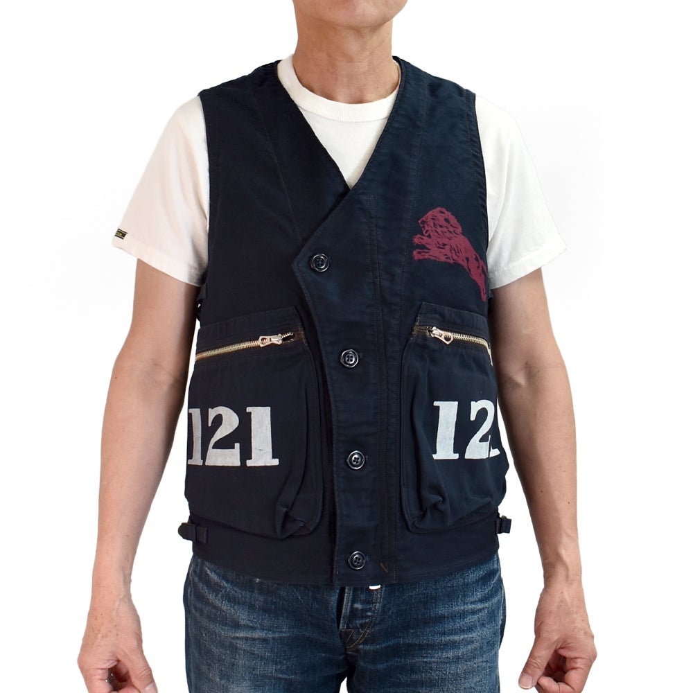フリーホイーラーズ (FREEWHEELERS) GILMORE OIL COMPANY -1932 AIR RACER- SPEED ENGINEER SLEEVELESS COAT Vintage Style Military Moleskin NAVY コットンベスト ワークベスト ホットロッド 2621008
