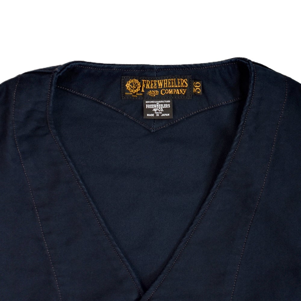 フリーホイーラーズ (FREEWHEELERS) GILMORE OIL COMPANY -1932 AIR RACER- SPEED ENGINEER SLEEVELESS COAT Vintage Style Military Moleskin NAVY コットンベスト ワークベスト ホットロッド 2621008