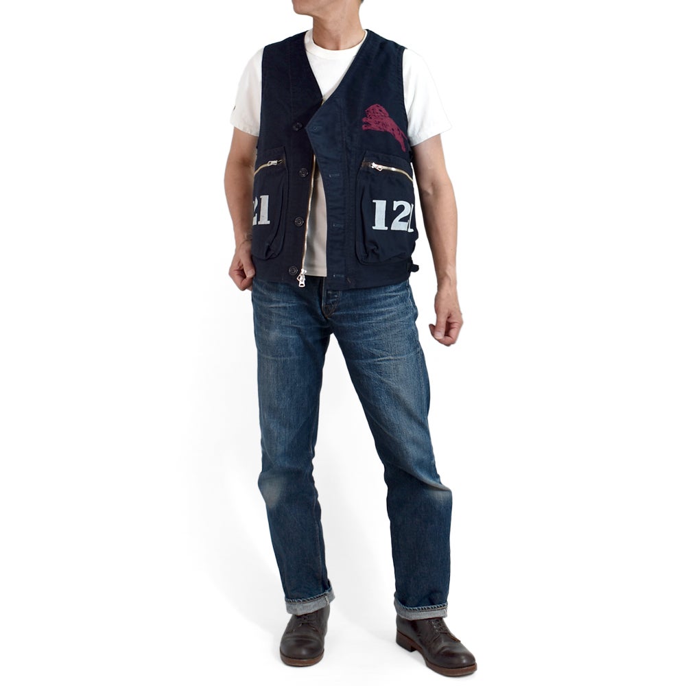 フリーホイーラーズ (FREEWHEELERS) GILMORE OIL COMPANY -1932 AIR RACER- SPEED ENGINEER SLEEVELESS COAT Vintage Style Military Moleskin NAVY コットンベスト ワークベスト ホットロッド 2621008